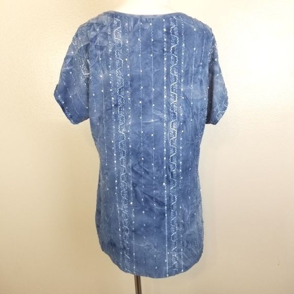 Shannon Ford NY Blue Sequin Split Sleeve Top Size Medium - Picture 4 of 9